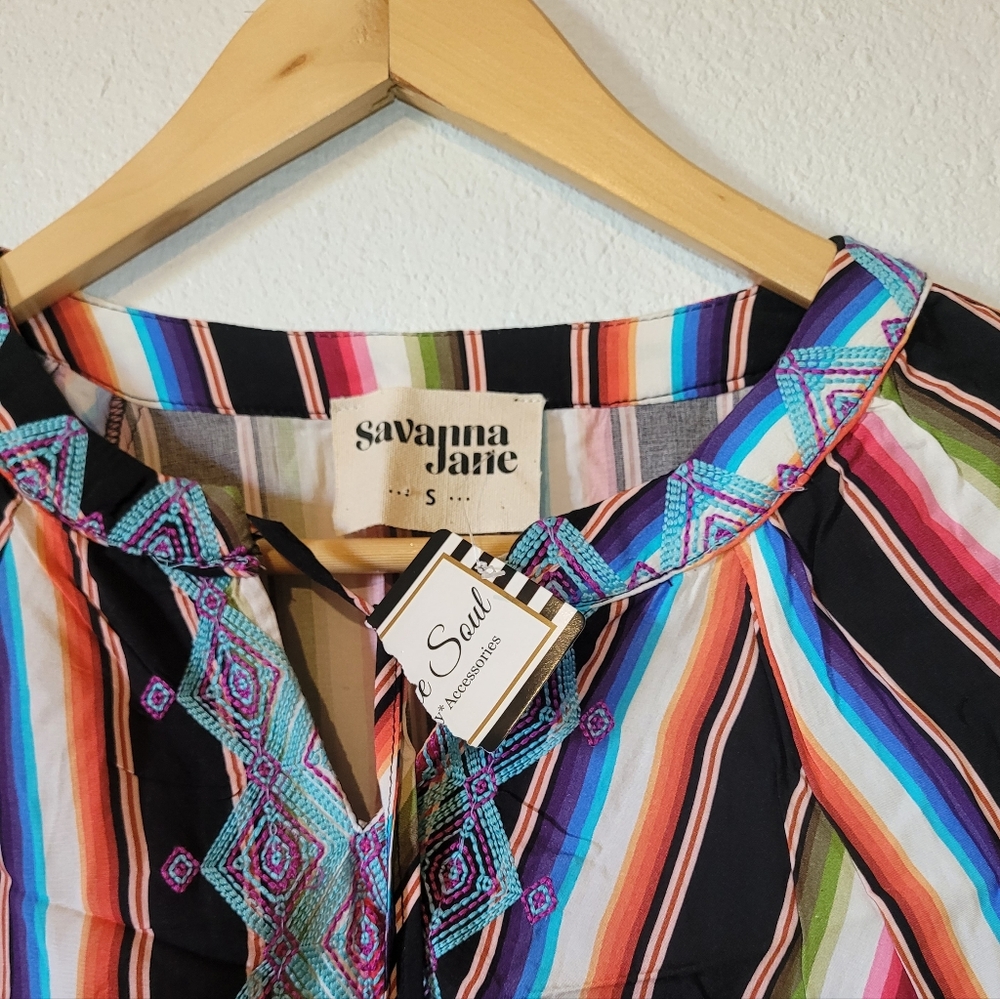 NWOT SAVANNA JANE Women's Small Striped Embroidered V-Neck Tunic Top Shirt Boho - Picture 7 of 11